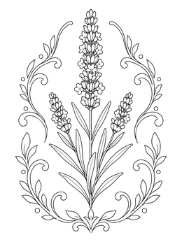 Elegant lavender coloring page framed with decorative ornamental leafy flourishes.