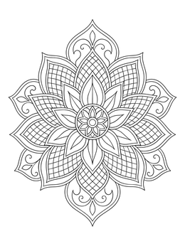 A detailed lotus flower coloring page featuring layered petals and geometric lattice patterns.