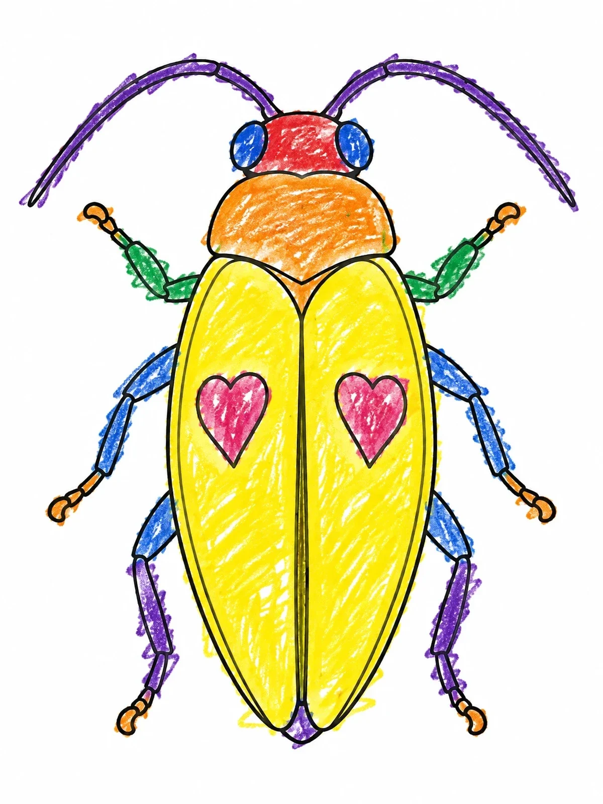 Colored example of the Symmetrical Beetle With Wing Hearts coloring page