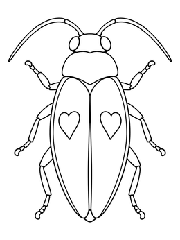 Top view of a neat love bug coloring page featuring hearts on its closed wing covers.
