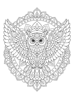 An intricate owl coloring page featuring spread wings and circular mandala patterns.
