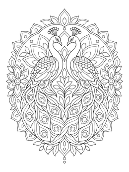 Two mirrored birds appear in this detailed peacock coloring page framed by floral mandala patterns.