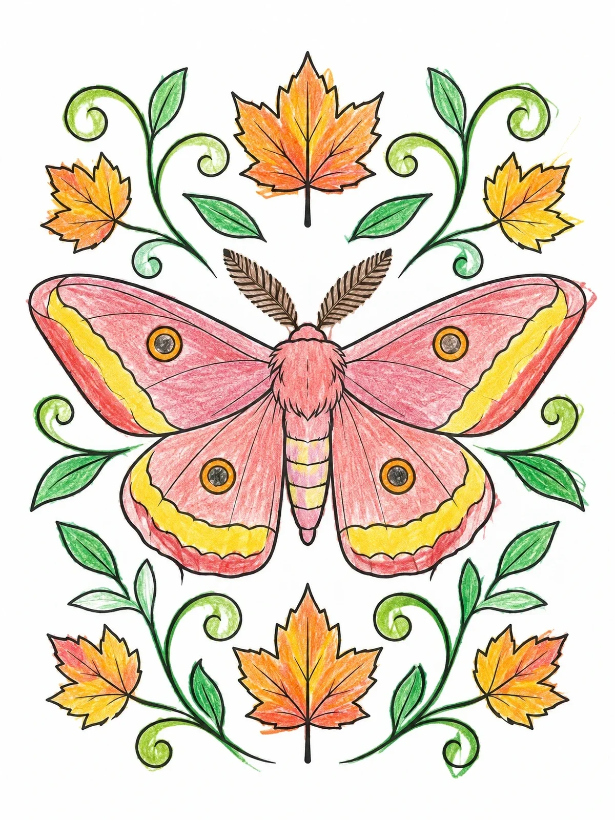 Colored example of the Symmetrical Moth With Maple Leaves coloring page