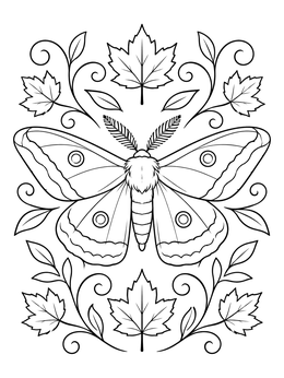 Detailed moth coloring page surrounded by symmetrical maple leaves and swirling vines.
