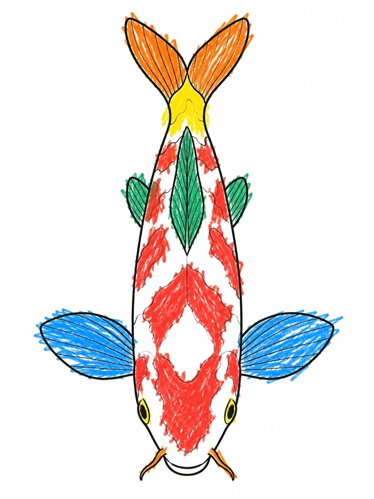 Colored example of the Symmetrical Overhead View Koi Fish coloring page