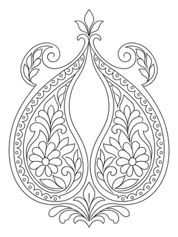 A symmetrical paisley heart coloring page with delicate flowers and swirling leaves.