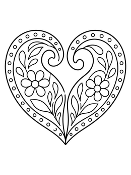 Free printable Symmetrical Paisley Heart With Flowers coloring page
