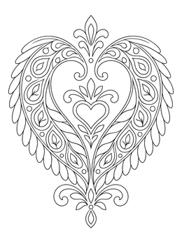 An ornate paisley heart coloring page with symmetrical feather and leaf flourishes.