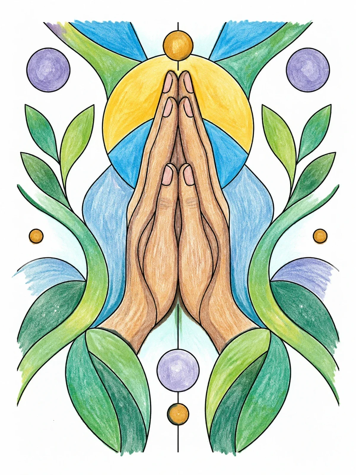 Colored example of the Symmetrical Praying Hands Line Art coloring page