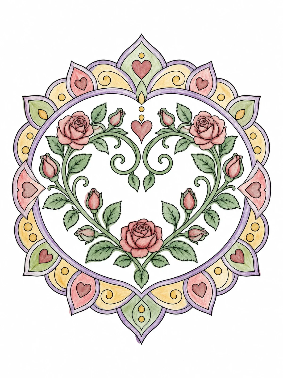 Colored example of the Symmetrical Heart And Blooming Roses Mandala coloring page