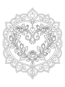 A decorative rose and heart coloring page featuring blooming flowers and elegant vines in symmetry.