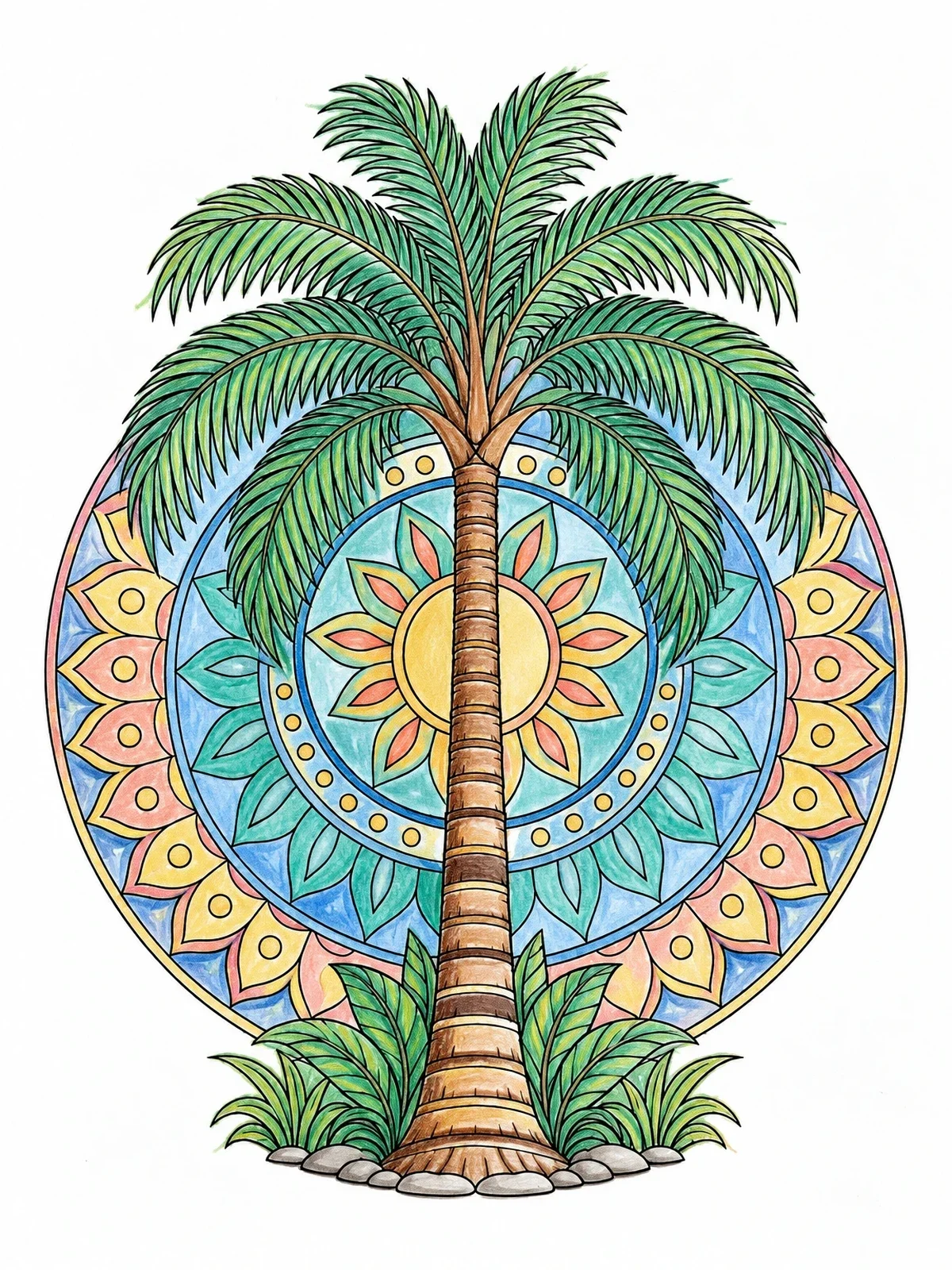 Colored example of the Symmetrical Royal Palm Mandala coloring page