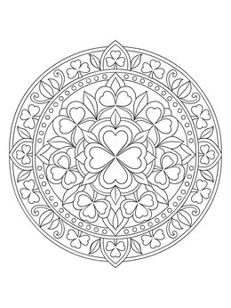 An intricate circular shamrock coloring page featuring repeating clover patterns and clean lines.