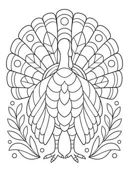 Rear view of a patterned turkey coloring page with an ornate feather fan.