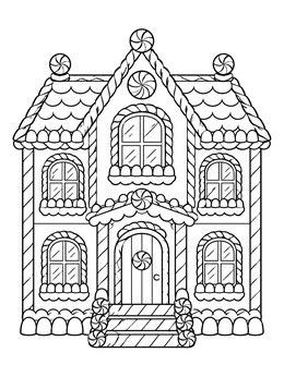 Detailed candy house coloring page featuring peppermint swirl decorations and candy cane trims.