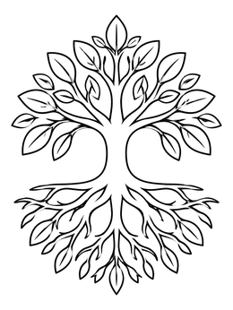 A symmetrical tree of life coloring page featuring balanced branches and mirrored roots.