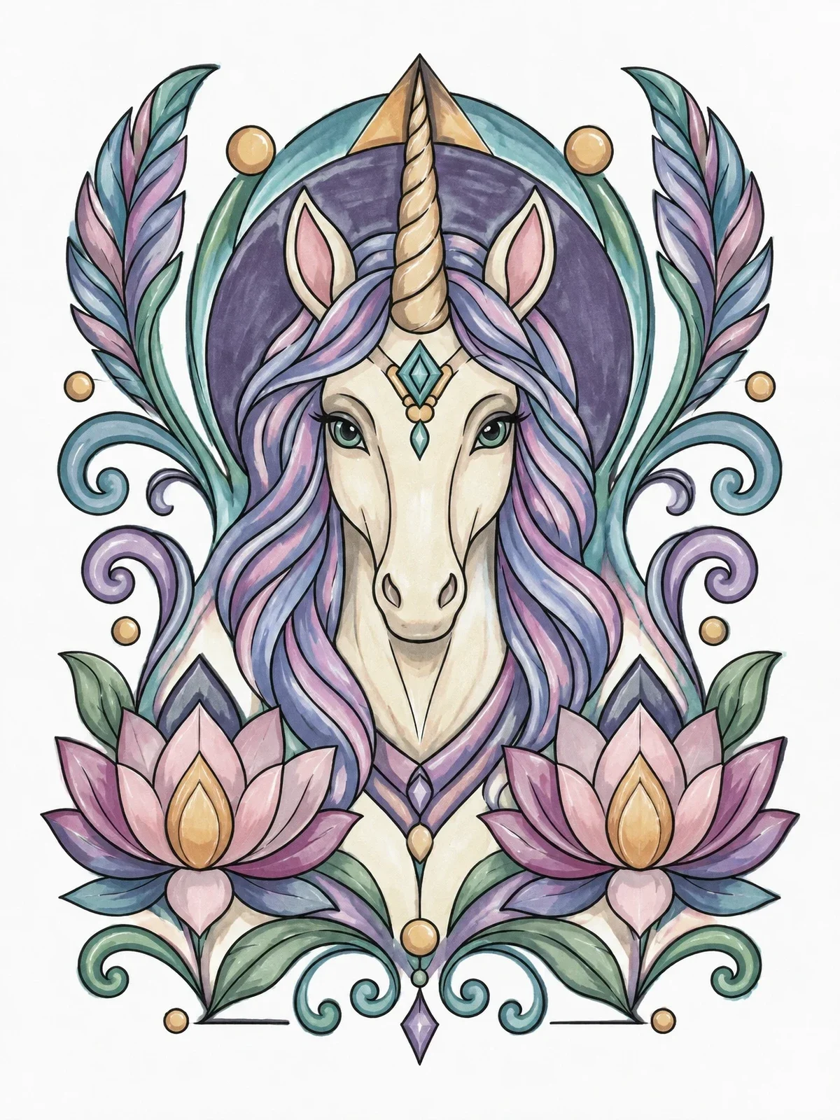 Colored example of the Symmetrical Unicorn And Lotus Portrait coloring page