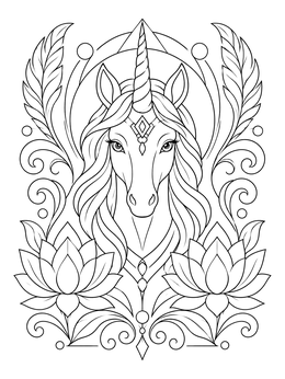 An ornate unicorn mandala coloring page framed by lotus flowers and swirls.