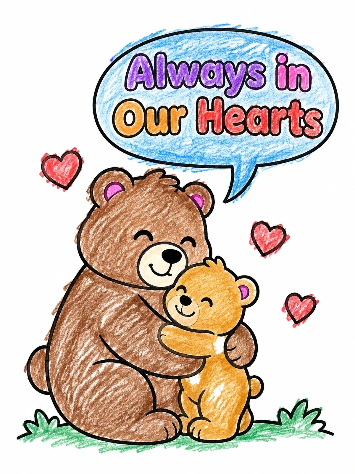 Colored example of the Teddy Bears Hugging With Comforting Message coloring page