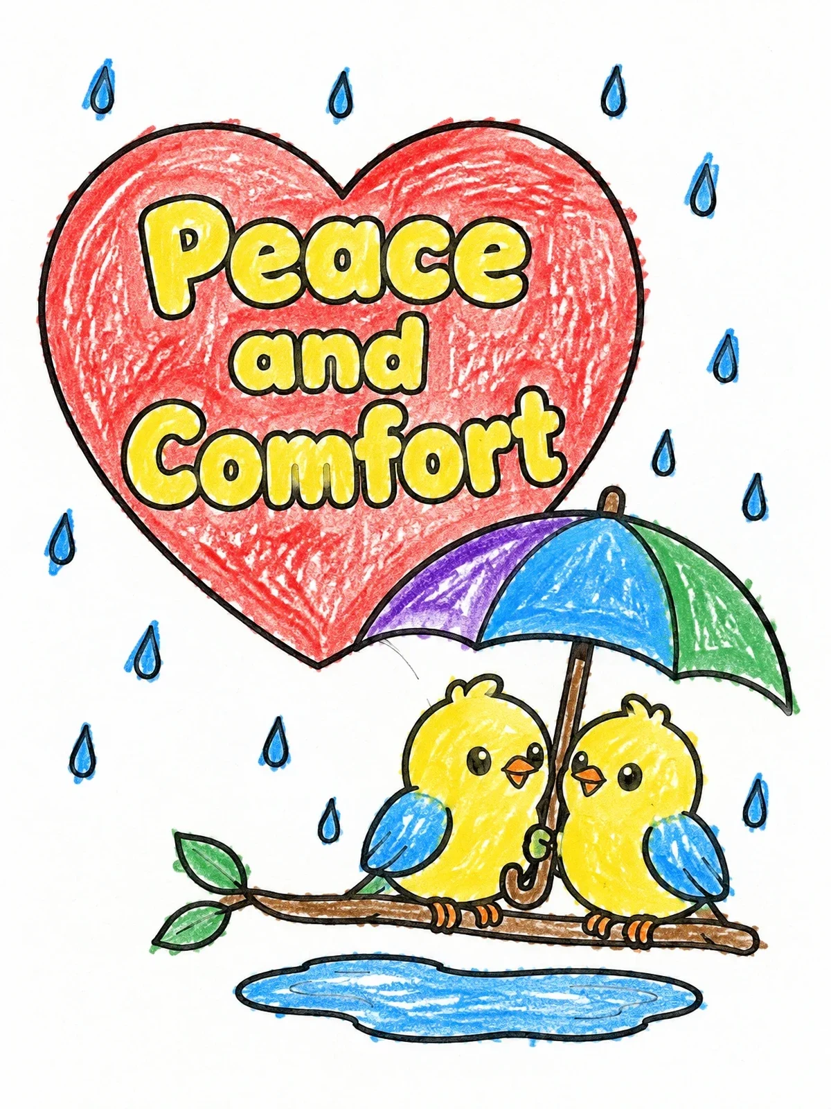 Colored example of the Little Birds Under Umbrella In Rain coloring page