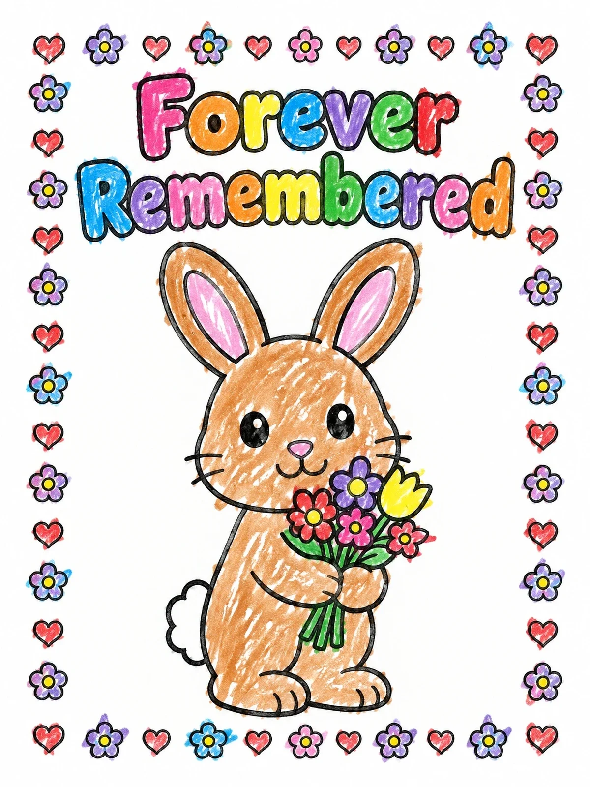 Colored example of the Bunny Forever Remembered Sympathy Card coloring page