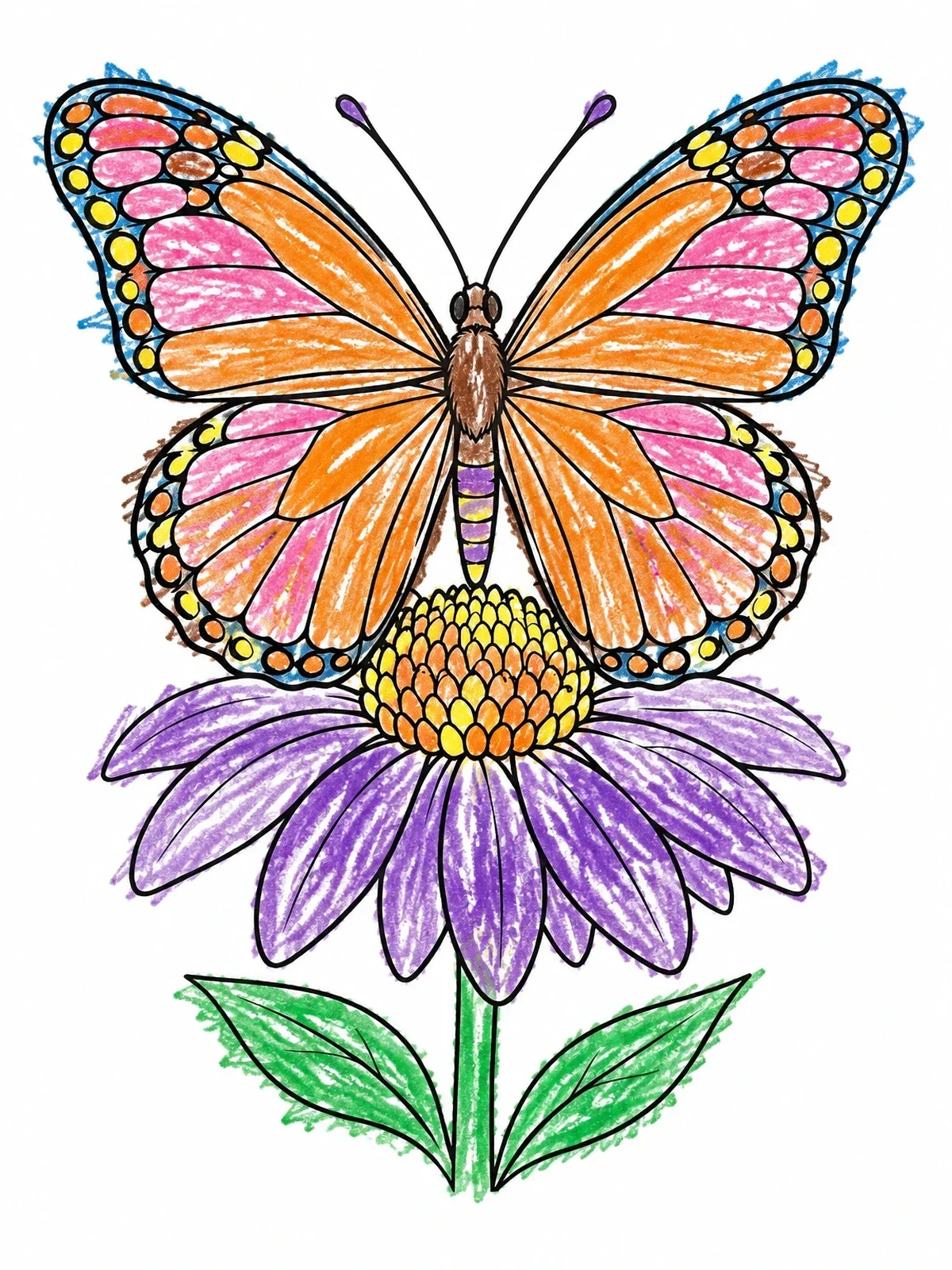 Colored example of the Butterfly Resting On A Blooming Flower coloring page
