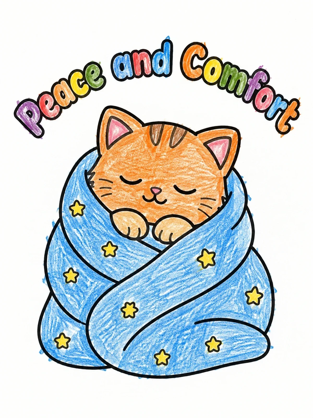 Colored example of the Cozy Sleeping Kitten With Comforting Words coloring page