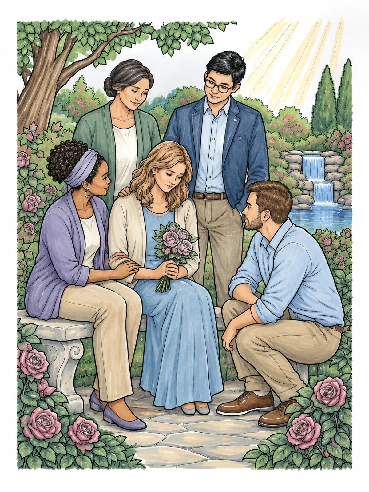 Colored example of the Friends Comforting In Memorial Garden coloring page