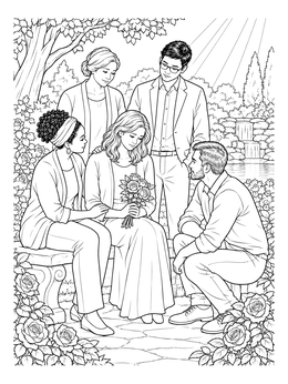A group gathers around a seated woman in this sympathy coloring page.