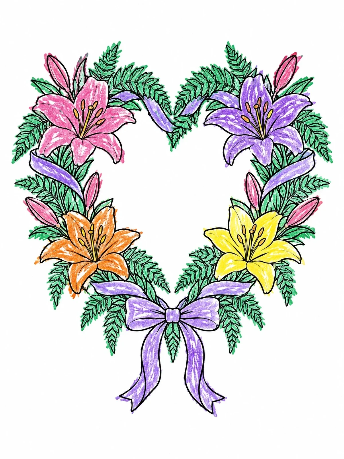 Colored example of the Heart Lily And Fern Wreath coloring page