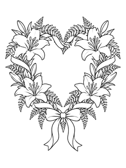 A floral sympathy coloring page with a heart wreath of lilies, ferns, and ribbon.
