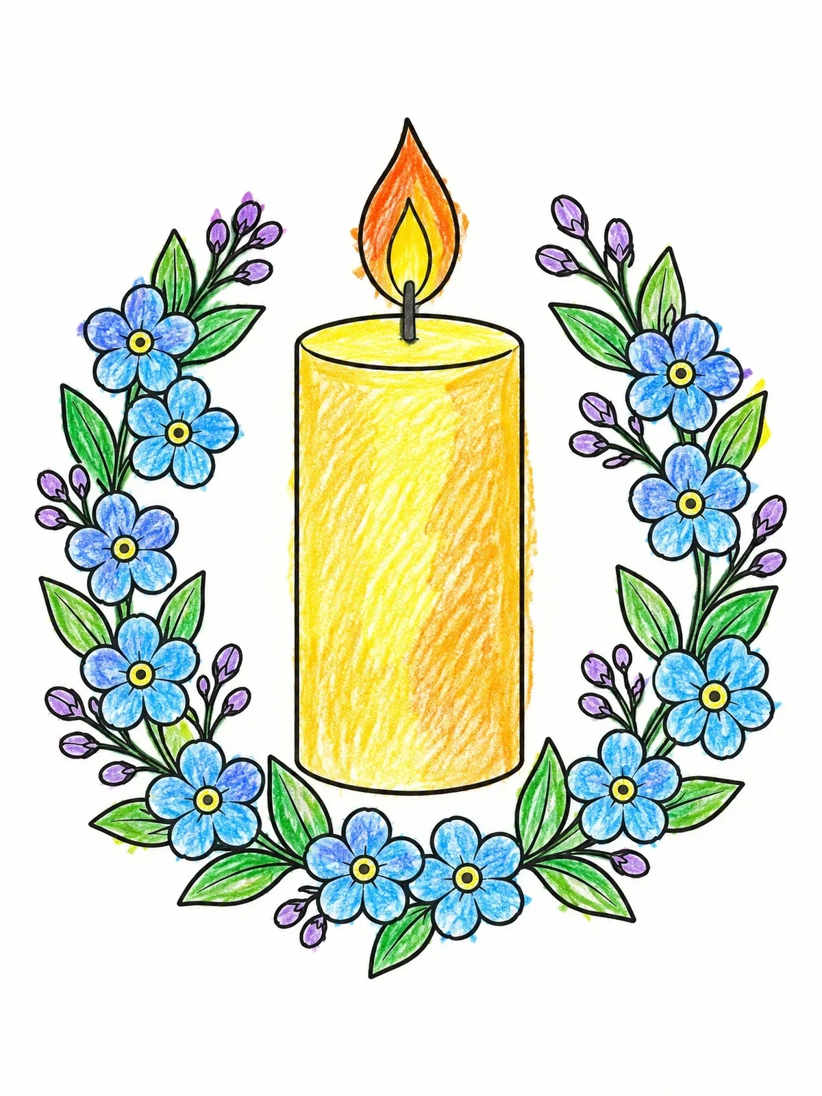 Colored example of the Memorial Candle With Floral Wreath coloring page
