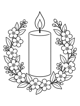 A peaceful sympathy coloring page featuring a burning pillar candle encircled by forget-me-not flowers.