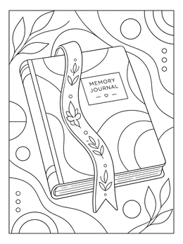 A memory journal draped with an ornate ribbon on this thoughtful sympathy coloring page.