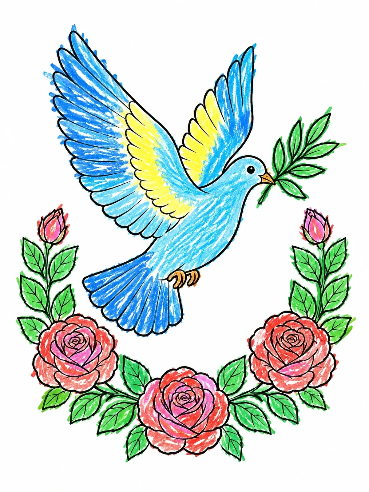 Colored example of the Peaceful Dove With Rose Wreath coloring page