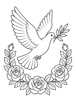 A peaceful dove carries an olive branch above roses in this sympathy coloring page.
