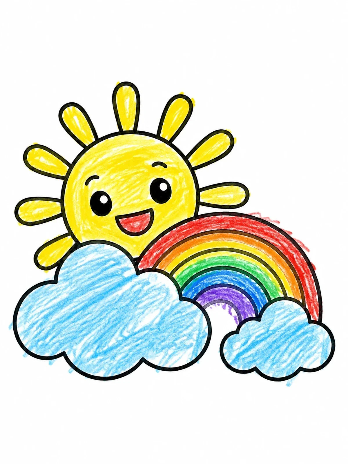 Colored example of the Smiling Sun And Rainbow Clouds coloring page