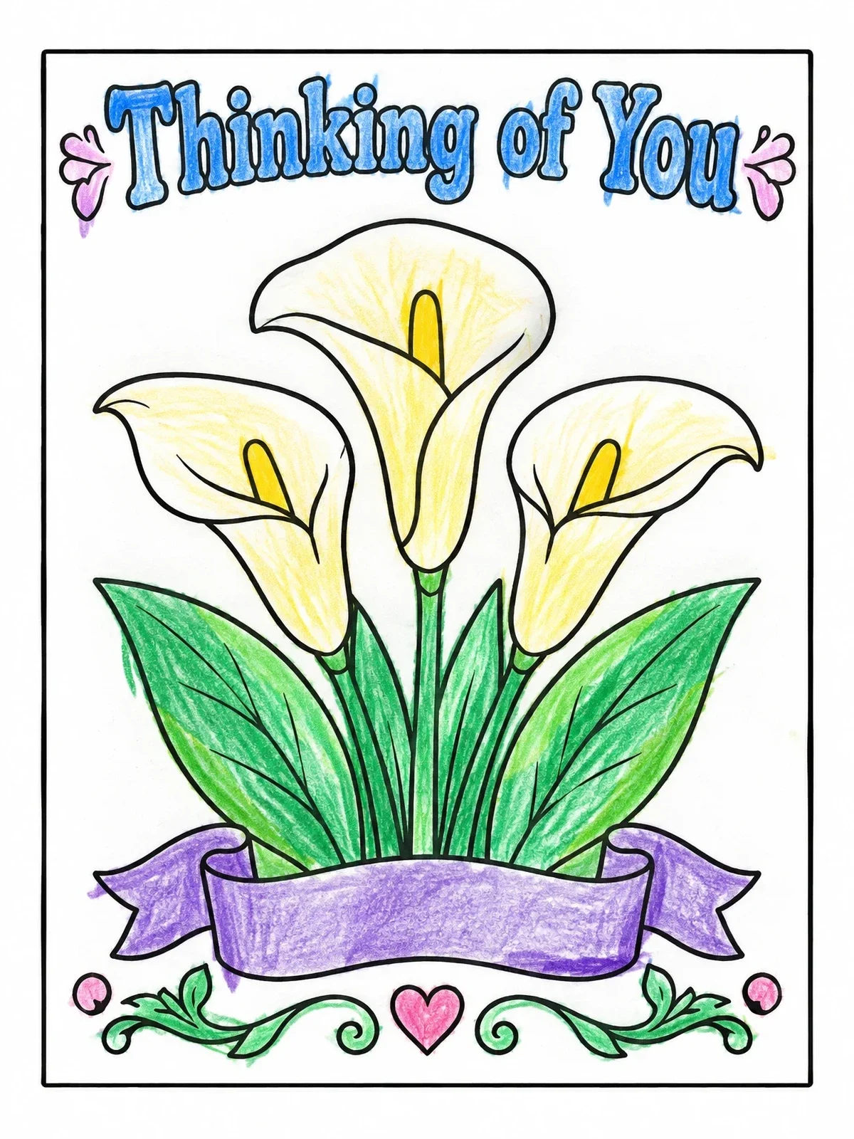 Colored example of the Thinking Of You Calla Lilies coloring page