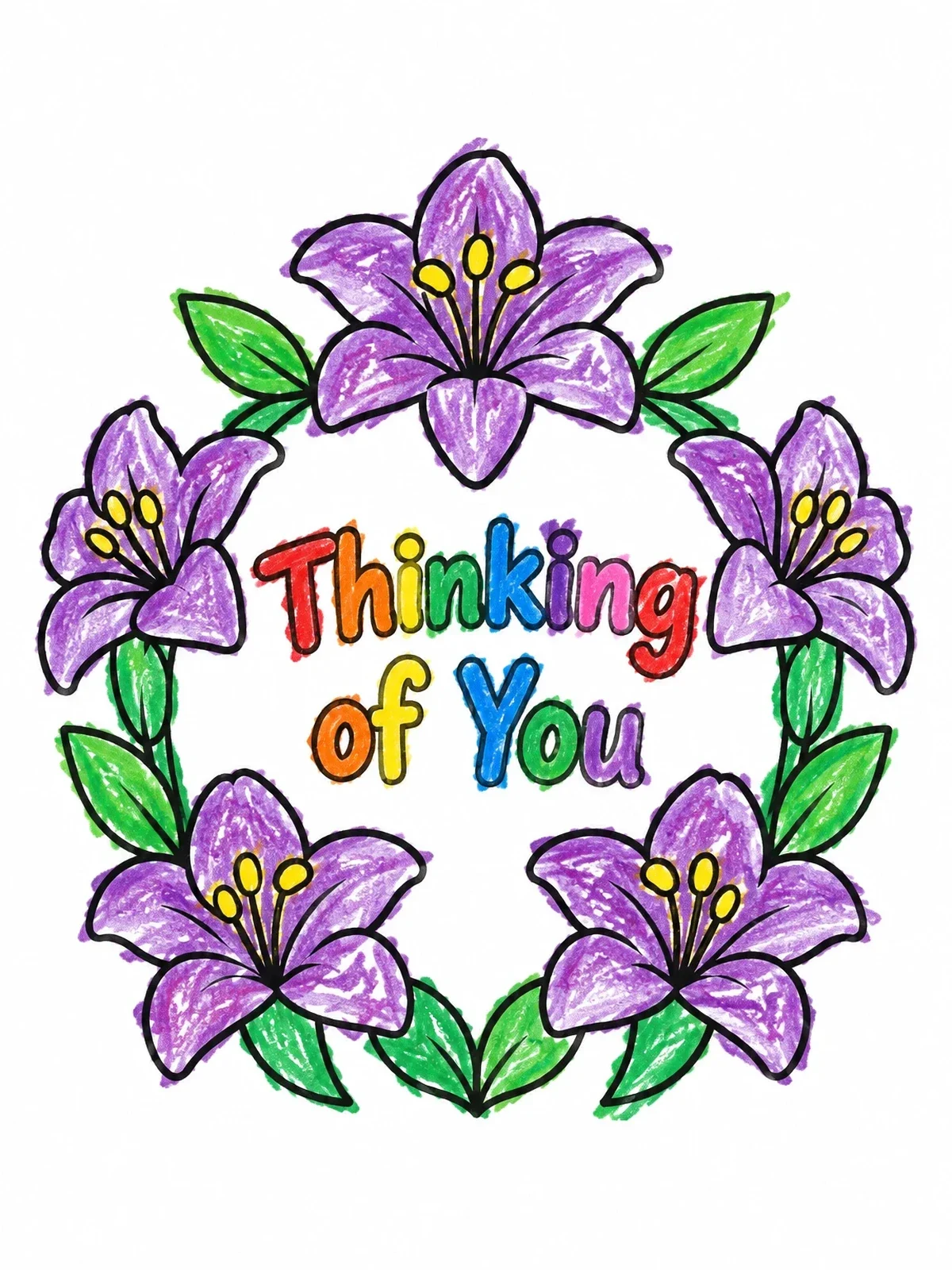Colored example of the Thinking Of You Floral Wreath coloring page