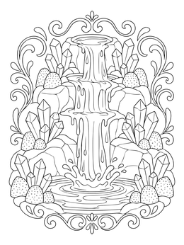 A cascading syrup waterfall splashes among crystal sweets in this candy coloring page.