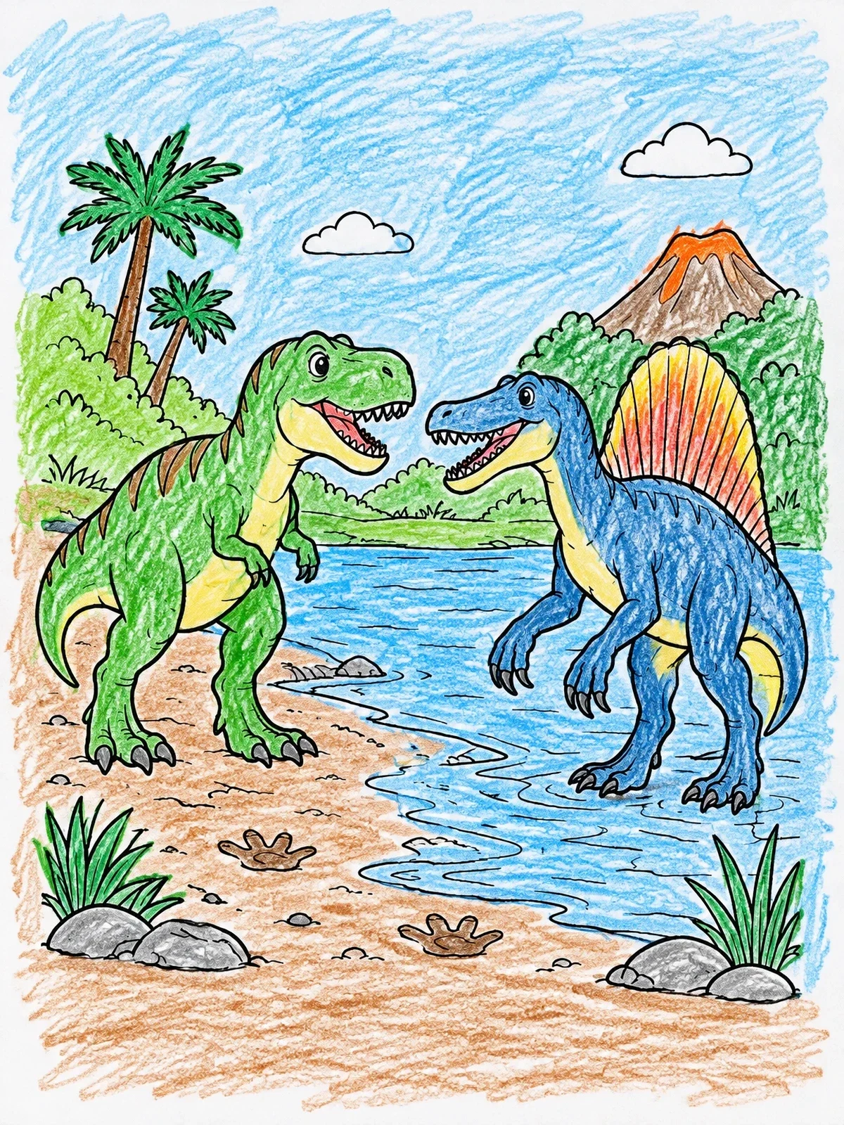 Colored example of the T Rex And Spinosaurus River Meeting coloring page