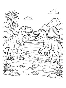 A friendly dinosaur scene featuring a t rex coloring page by a prehistoric river.
