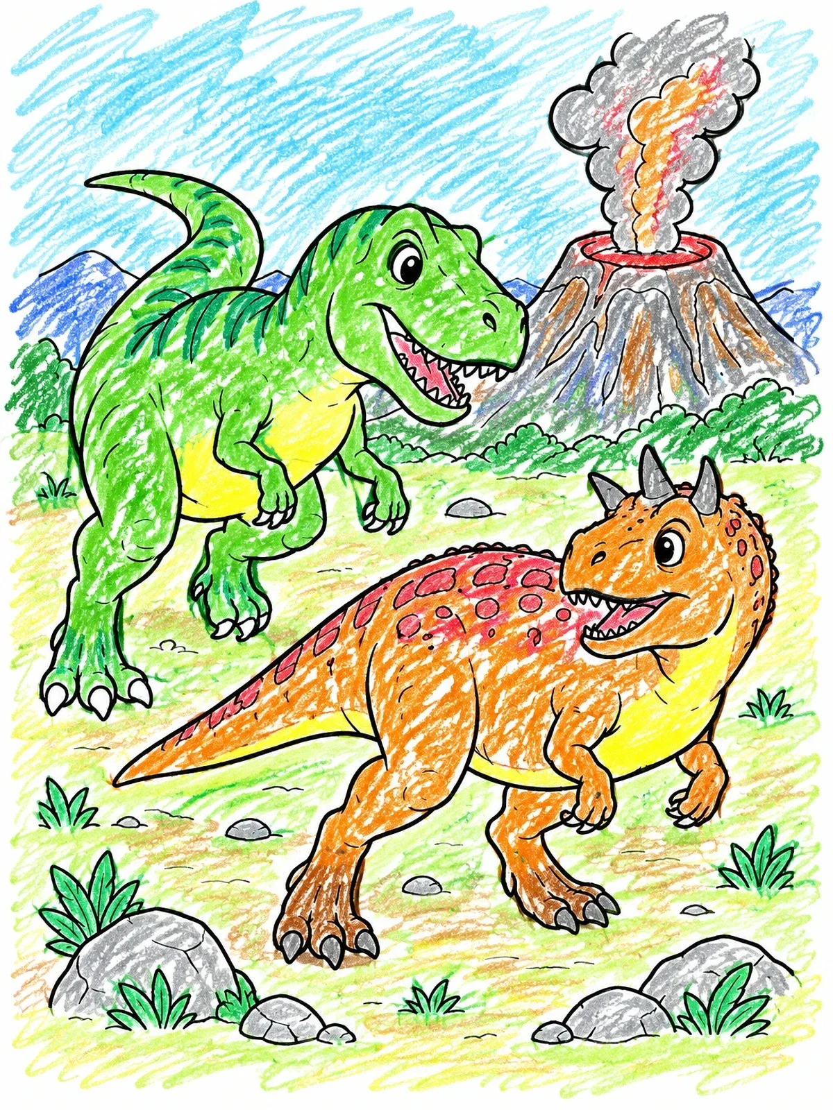 Colored example of the T Rex And Carnotaurus Near Volcano coloring page