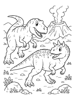 A friendly Carnotaurus and T-Rex coloring page with a smoking volcano in the background.