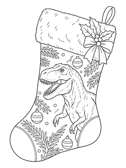 A festive christmas dinosaur coloring page featuring a T-Rex on a holiday stocking.