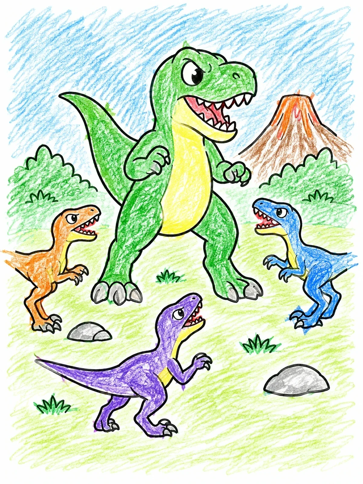 Colored example of the T Rex Facing Small Raptors coloring page