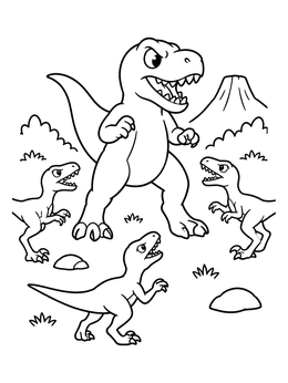A big cartoon dinosaur stands surrounded by raptors in this fun t rex coloring page.