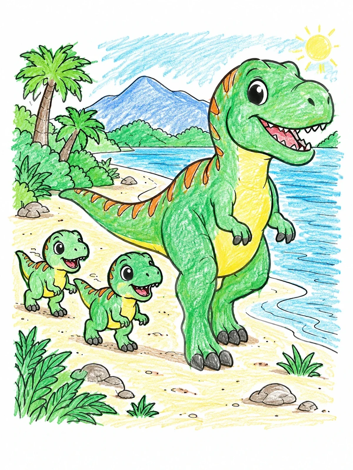 Colored example of the T Rex Family On The Beach coloring page