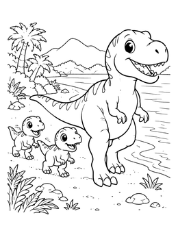 A friendly t rex coloring page featuring an adult dinosaur and two babies walking on the shore.