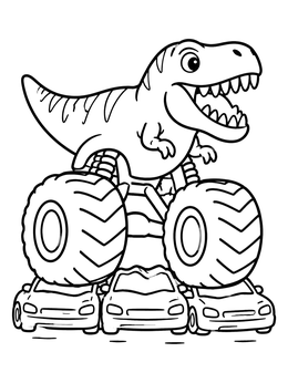 Free printable T Rex Monster Truck Crushing Cars coloring page